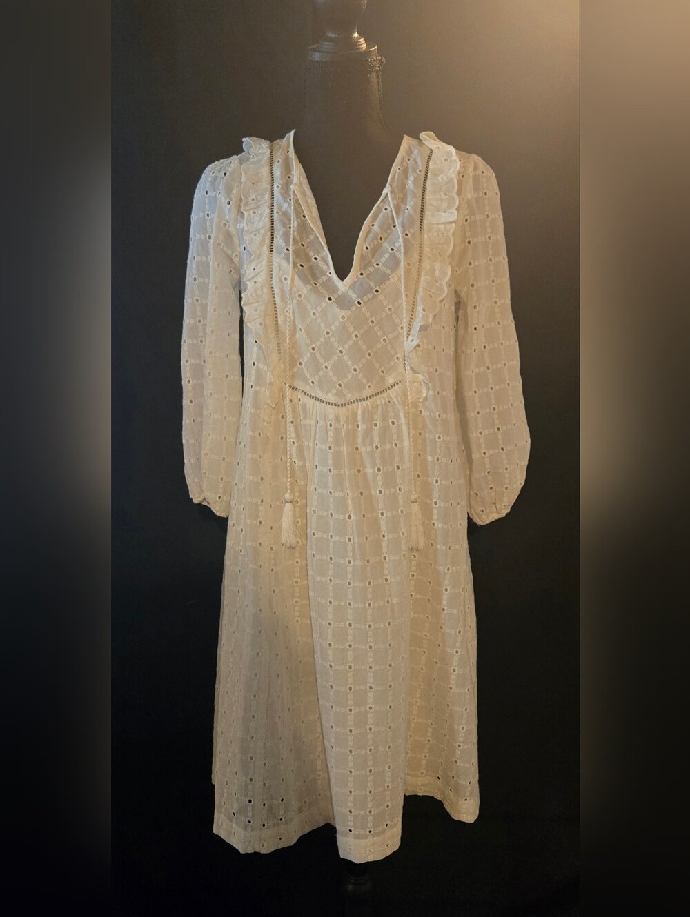 Anthropologie Ivory Eyelet Midi Dress with Tassel Ties. NWOT